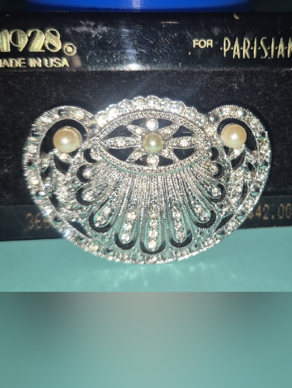 1928 For Parisian Works Silver-Tone, Crystal Faux Pearl Brooch New - Picture 4 of 6